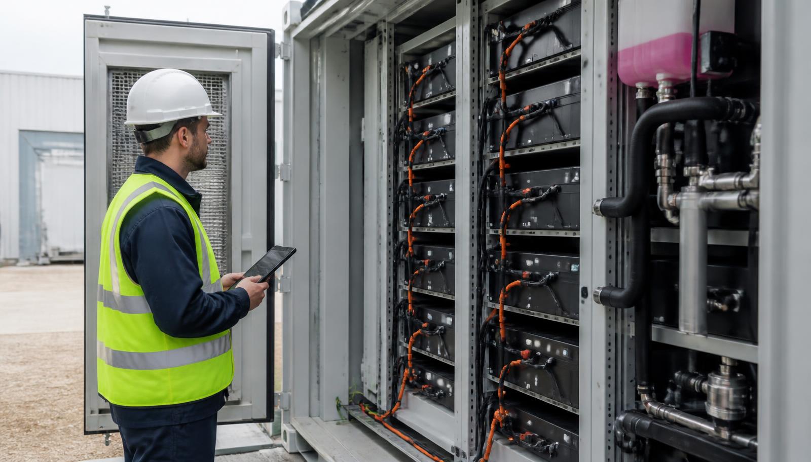 Service engineer performing maintenance on a battery energy storage system